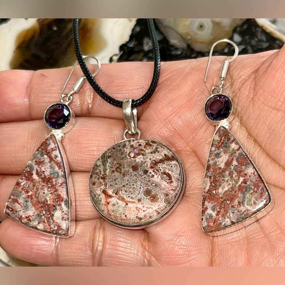 Leopardite Jasper Pendant & Earrings Set